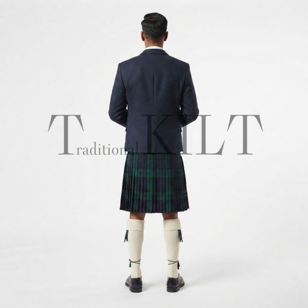 Navy Contemporary Jacket With Black watch Tartan Kilt outfit