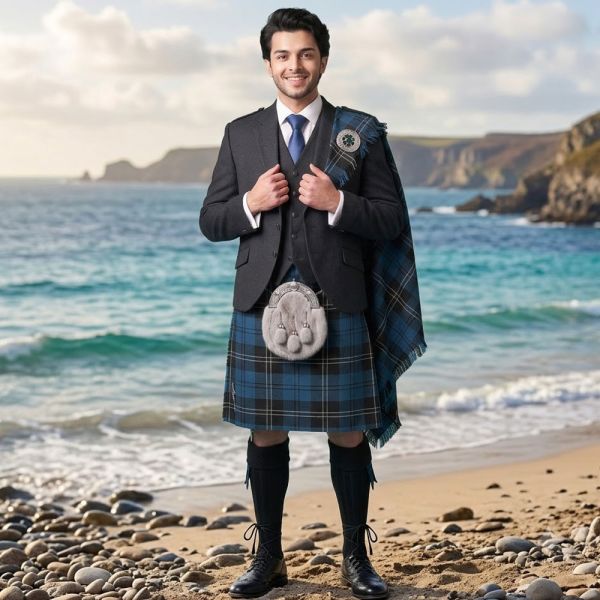 Ramsay Blue Tartan Kilt Outfit With Tweed Jacket