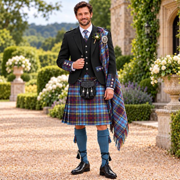 Scottish Highland Wedding Kilt Outfit with Black Argyll Jacket